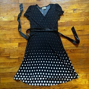 Y2K Black and white polka dot wrap dress with silk belt